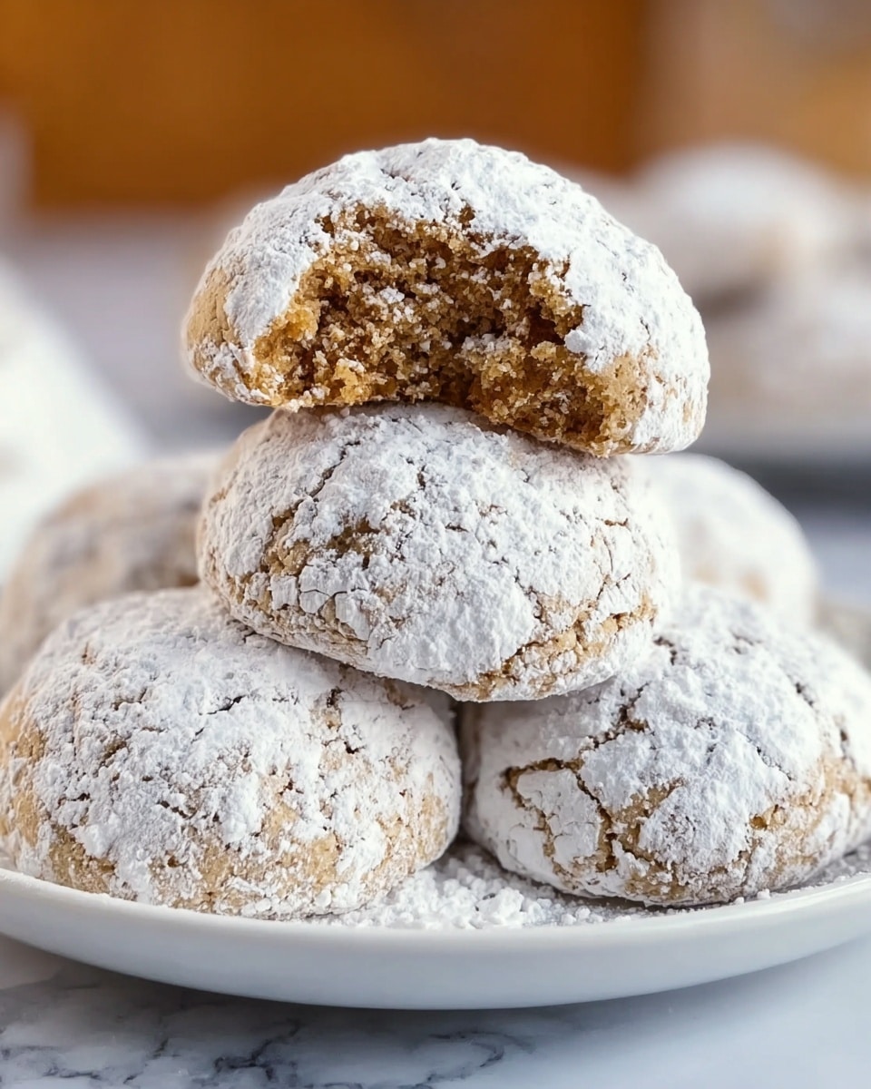 The image shows four round cookies stacked in a pyramid shape on a white plate. Each cookie is light brown and covered in a dusting of white powdered sugar that lightly cracks on the surface, revealing the soft texture beneath. The top cookie has a bite taken out of it, showing a moist, crumbly inside that matches the outside in color. The plate rests on a white marbled surface with a soft blurred background. photo taken with an iphone --ar 4:5 --v 7