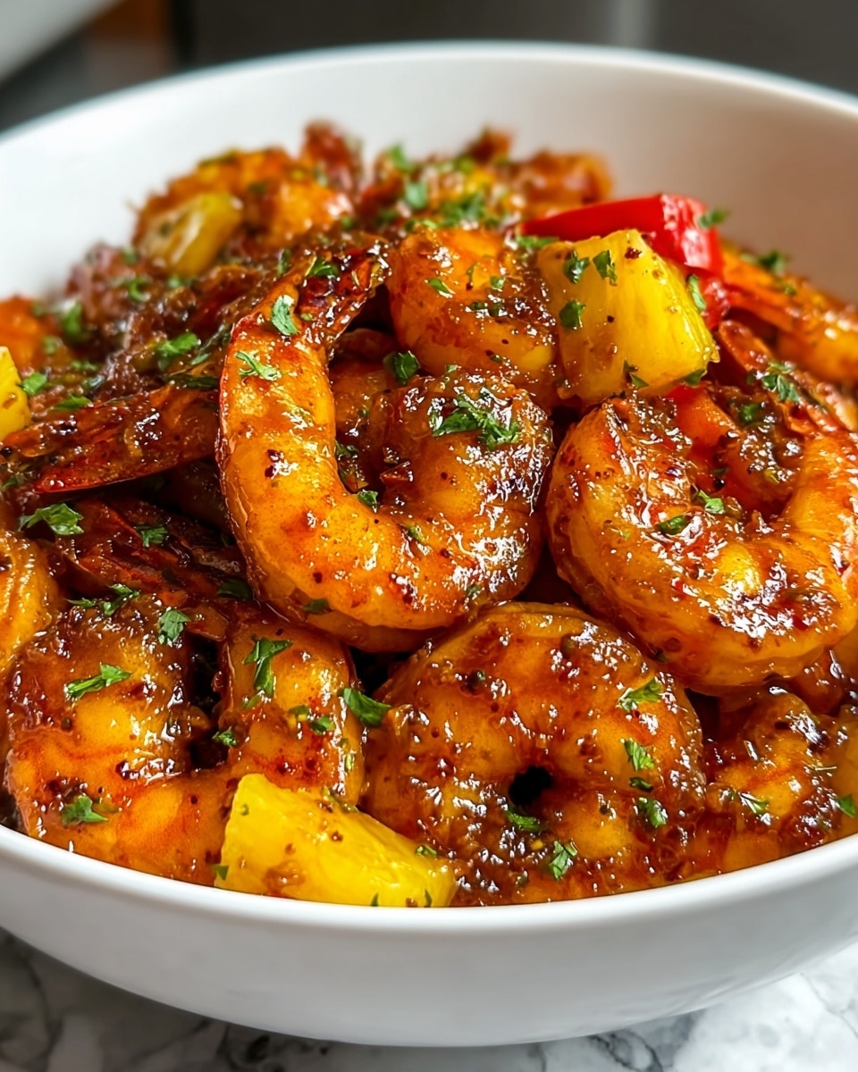 A white bowl filled with a close-up of cooked shrimp coated in a shiny, dark orange glaze with visible spices, mixed with bright yellow pineapple chunks and small bits of green herbs sprinkled on top. The shrimp are plump and slightly curled, sitting on a few pieces of red bell pepper, all arranged tightly in the bowl. The bowl is placed on a white marbled surface. photo taken with an iphone --ar 4:5 --v 7