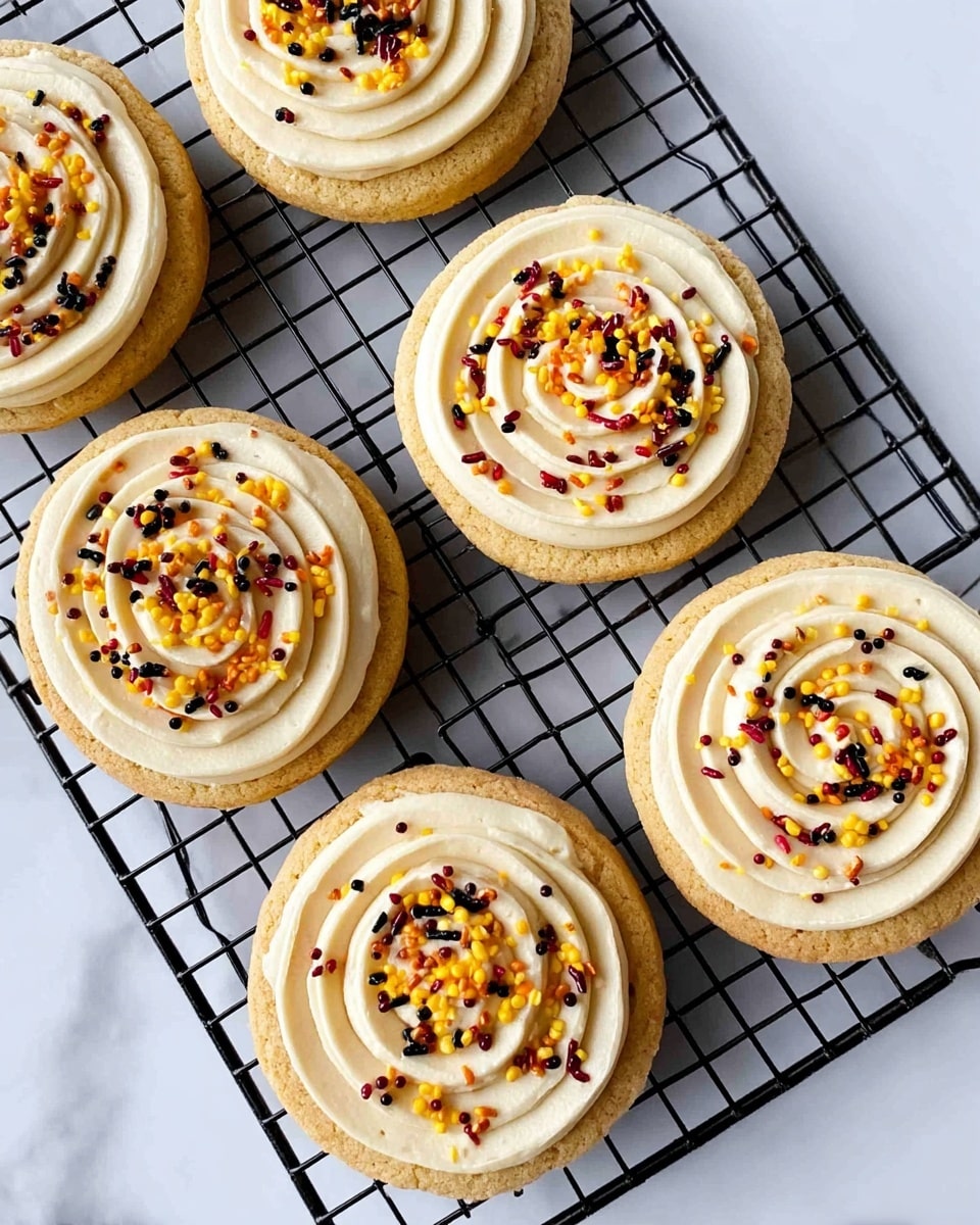 Five round cookies sit on a black wire cooling rack over a white marbled surface. Each cookie has a golden brown base layer with a thick, smooth swirl of creamy off-white frosting on top. The frosting is decorated with small colorful sprinkles in yellow, black, dark red, and orange scattered across the surface. The cookies are evenly spaced and seen from above, showing the clear spiral pattern of the frosting on each one. photo taken with an iphone --ar 4:5 --v 7
