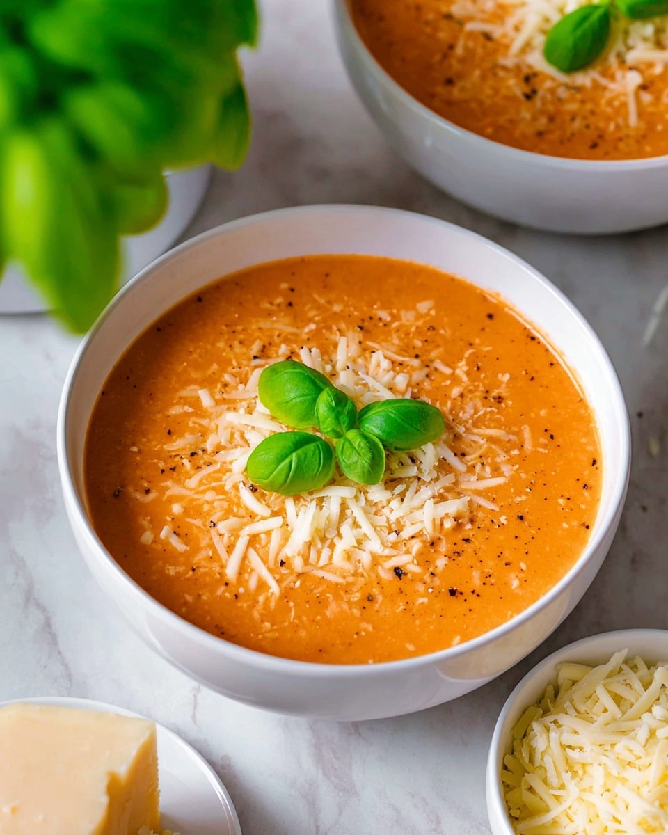 The image shows a white bowl filled with smooth orange tomato soup, topped with a generous layer of shredded pale yellow cheese scattered evenly across the surface, and two fresh bright green basil leaves placed on top slightly off-center. The soup has a creamy texture with tiny black pepper specks sprinkled lightly over the cheese, giving it a fresh look. The bowl sits on a white marbled surface next to a small white bowl filled with more shredded cheese on the side and a blurred green basil plant in the background. Another similar bowl of soup is partially visible behind the main bowl. Photo taken with an iphone --ar 4:5 --v 7