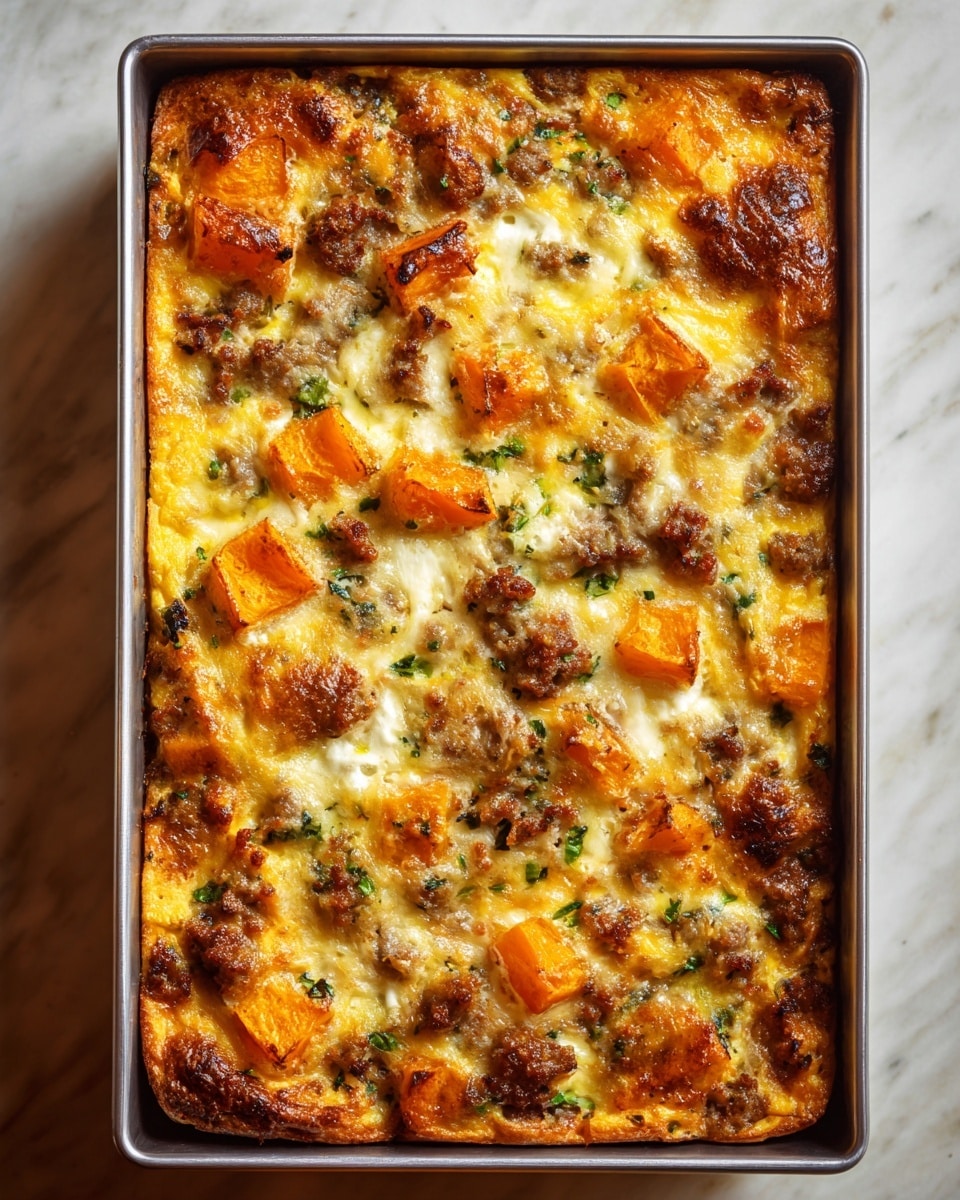 A rectangular metal baking dish filled with a golden-brown baked casserole showing roughly three main layers: the top layer is browned and slightly crispy with chunks of bright orange butternut squash and some green herbs scattered throughout; beneath this is a creamy, cheesy layer with soft white cheese melting into the mix; at the bottom and mixed through are irregular bits of browned sausage and diced green vegetables providing texture and color contrast. The surface looks firm but moist, with small browned spots and some melted cheese bubbles, all resting on a flat white marbled texture. photo taken with an iphone --ar 4:5 --v 7