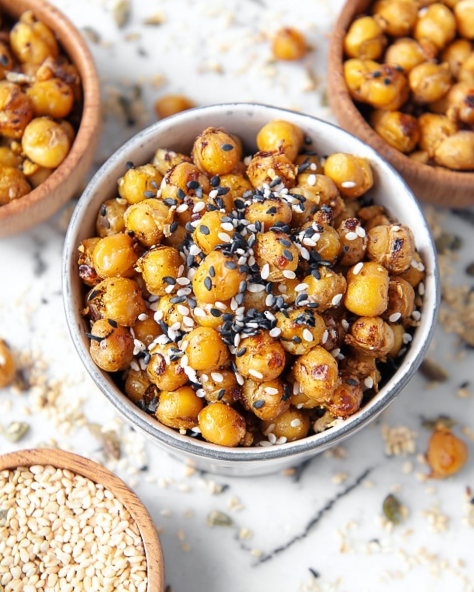 The image shows a white metal cup filled with golden brown roasted chickpeas that are slightly shiny and sprinkled generously with white and black sesame seeds. The chickpeas are round and crispy with some areas darker, showing roasting marks. Around the cup, on a white marbled textured surface, there are two small wooden bowls filled with more sesame seeds and another smaller white metal cup partially visible with more roasted chickpeas. The overall scene has a bright, fresh look with natural light giving a slight shine to the ingredients. Photo taken with an iphone --ar 4:5 --v 7