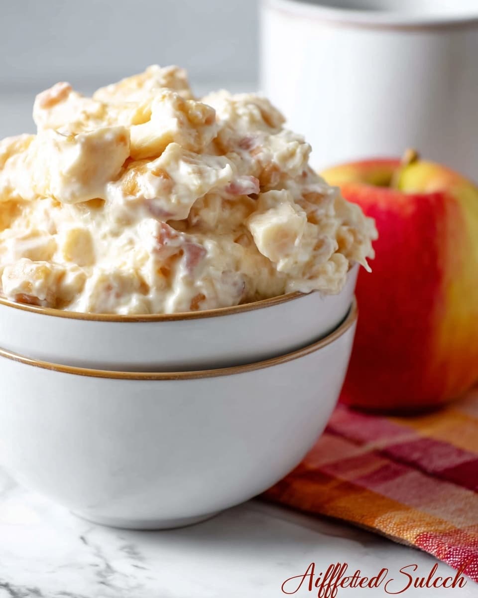 A close-up image of a white bowl filled with a creamy, fluffy salad that looks thick and textured, showing small chunks of apple and butterscotch bits mixed in a light beige, creamy layer. The bowl is stacked on top of another white bowl, both placed on a white marbled surface. Next to the bowls, there is a fresh red and yellow apple partially visible. In the background, there is a white cup with a white surface behind it. The photo looks bright and clear, showing all details of the salad's creamy texture. Photo taken with an iphone --ar 4:5 --v 7