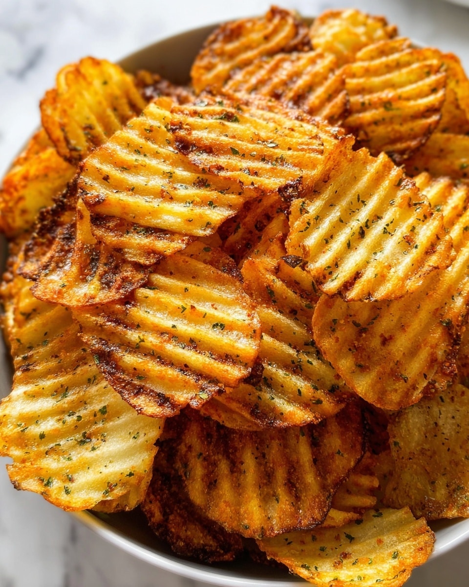 A close-up of a white bowl filled with many ridged potato chips that have a golden yellow to deep orange color. The chips show a crispy texture with some darker fried edges and small green herb specks scattered over them. The chips are stacked haphazardly inside the bowl, overlapping each other and showing ridges clearly on each piece. The bowl is placed on a white marbled surface. Photo taken with an iphone --ar 4:5 --v 7