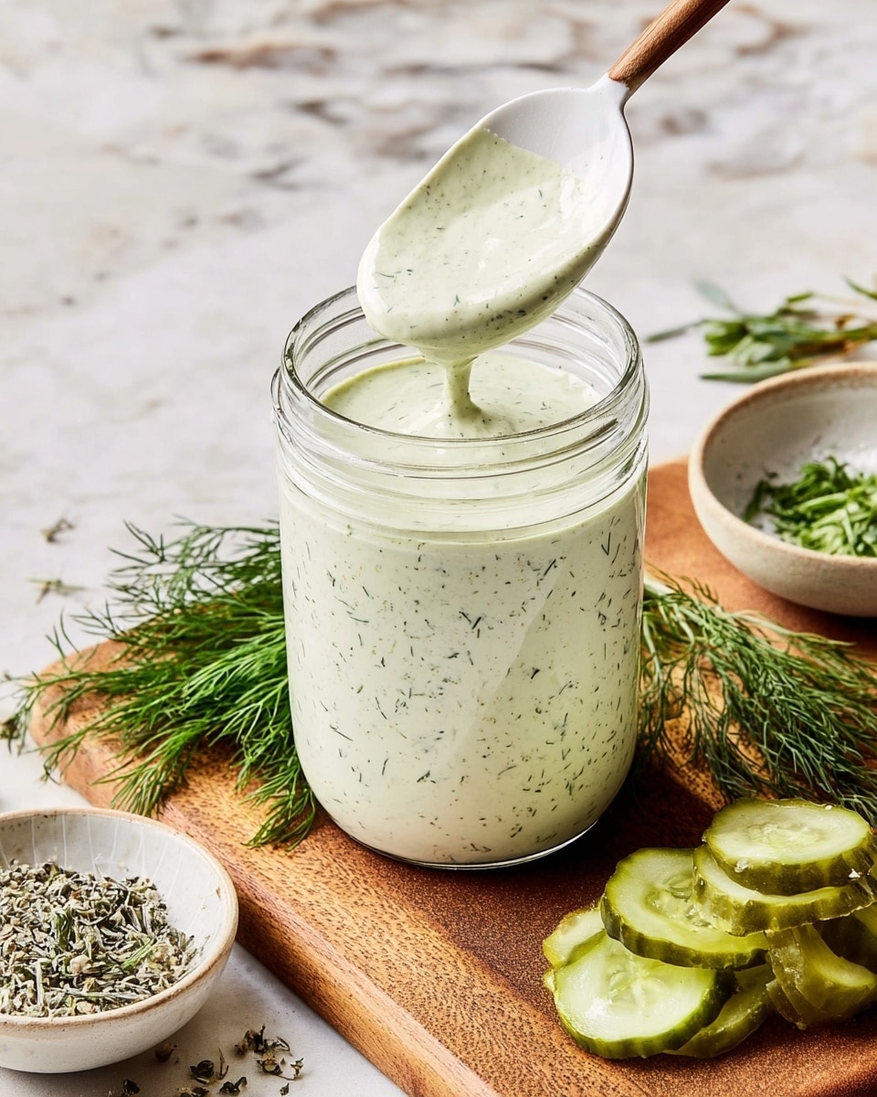 A clear glass jar filled with creamy, pale green ranch dressing speckled with fine dark herbs. A white spoon coated with the same dressing is lifted above the jar, showing the thick smooth texture. The jar sits on a wooden board which holds fresh green dill sprigs, a small white bowl filled with dry herbs, and a small white bowl with three thick, crinkly slices of light green pickles. The background is a white marbled texture. photo taken with an iphone --ar 4:5 --v 7