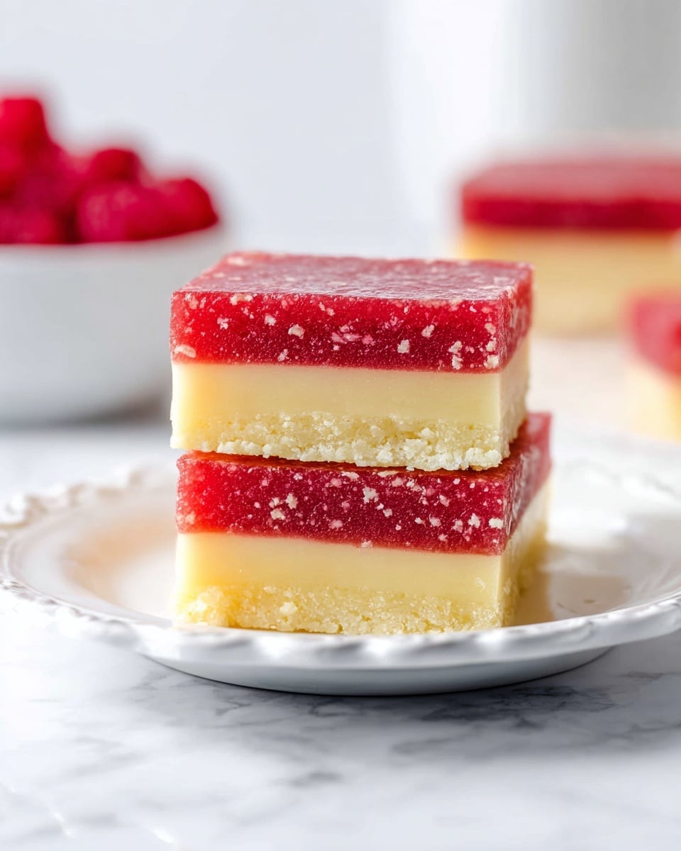 The image shows a stack of three layered bars on a white plate with a scalloped edge, placed on a white marbled surface. Each bar has two distinct layers: a smooth pale yellow bottom layer and a thicker, textured bright red top layer, creating a striking color contrast. The layers are even and cleanly cut, with the red layer having a slightly moist, crumbly texture and the yellow layer appearing firm and dense. In the soft blurred background, there is a white bowl filled with red raspberries and another similar stacked bar on a white plate. The lighting is bright and natural, emphasizing the fresh and vibrant look of the dessert. photo taken with an iphone --ar 4:5 --v 7