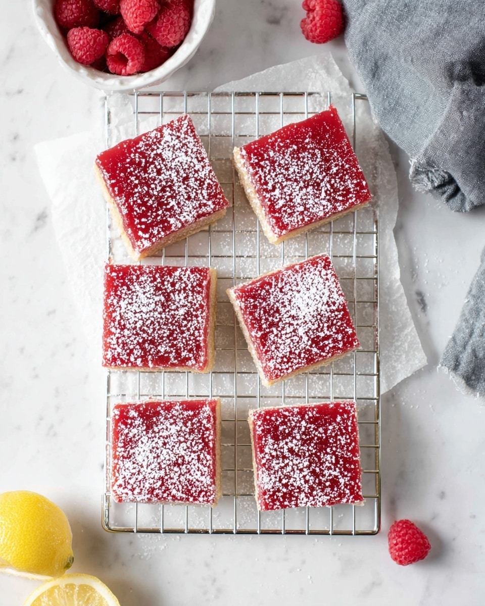 The image shows six square berry bars arranged in two columns of three on a silver cooling rack over white parchment paper. Each bar has two visible layers: a pale beige base layer with a slightly crumbly texture and a smooth, bright red berry layer on top, dusted with light white powdered sugar unevenly scattered across the surface. The cooling rack is placed on a white marbled texture surface. In the upper left corner, there is a small white bowl filled with fresh red raspberries, and part of a gray cloth is seen on the upper right corner. At the bottom left, there is a half lemon and a single raspberry placed nearby. photo taken with an iphone --ar 4:5 --v 7