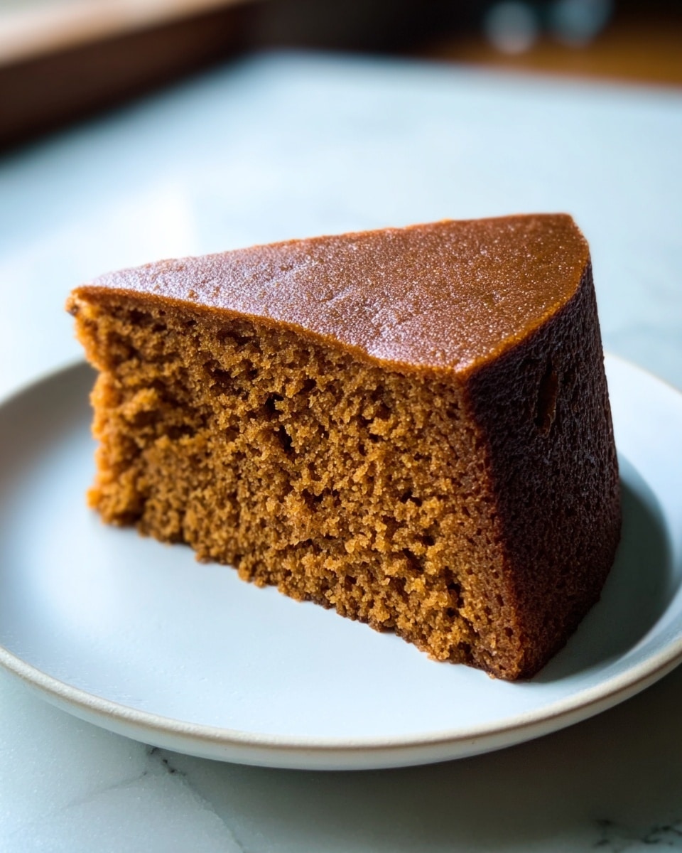 A single slice of moist brown cake with a slightly crumbly texture is placed in the center of a white plate. The cake has a thick, smooth top layer with a richer, deep brown color, while the inside is lighter brown and porous. The outside edges are darker and firm, showing a baked crust. The plate sits on a white marbled textured surface, with soft natural light coming from the back, highlighting the cake’s texture and crumb details. Photo taken with an iphone --ar 4:5 --v 7