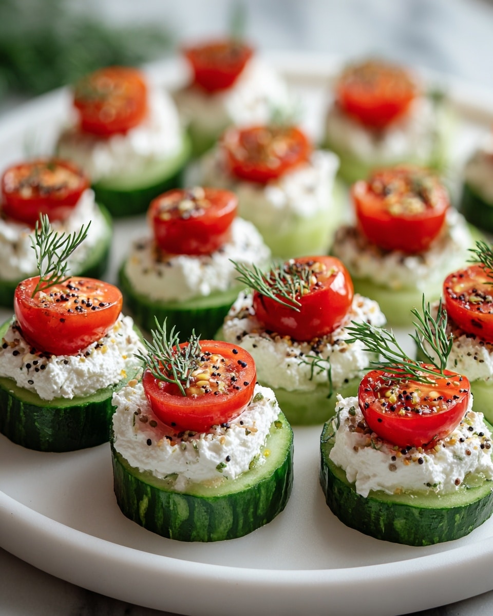 This image shows a white plate with eight cucumber rounds arranged neatly in a grid. Each cucumber slice has three layers: a dark green, slightly textured base; a middle layer of white soft cottage cheese spread evenly with a slightly grainy texture; and on top, a bright red cherry tomato half with visible seeds and a juicy texture. The tomatoes are sprinkled with black and white seeds, possibly seasoning, and each cucumber stack is garnished with small green dill sprigs. The plate rests on a white marbled surface with a soft, blurred natural background. photo taken with an iphone --ar 4:5 --v 7