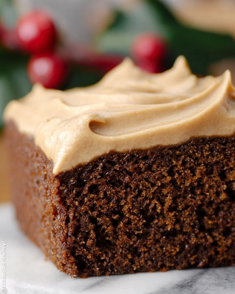 A close-up image showing a fork holding a single piece of a chocolate cake with two visible layers; the bottom layer is a moist dark brown cake with a soft texture, and the top layer is a smooth, light tan frosting that looks creamy and slightly glossy, spreading evenly over the cake. In the background, a white plate holds the rest of the cake with similar frosting and a few red berries slightly out of focus, all set on a white marbled surface. Photo taken with an iphone --ar 4:5 --v 7