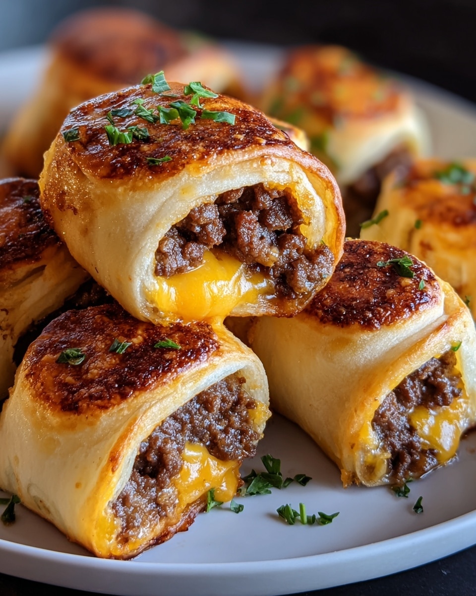 Two golden brown folded wraps are shown close up on a wooden board with melted bright orange cheese on top. Each wrap has three visible layers inside: a shiny, soft outer tortilla in light light brown color, a thick layer of cooked ground beef in dark brown, and a layer of melted cheddar cheese in vibrant orange that oozes slightly. Small bits of green parsley peek out from the ends. The surface beneath has a polished white marbled texture. photo taken with an iphone --ar 4:5 --v 7