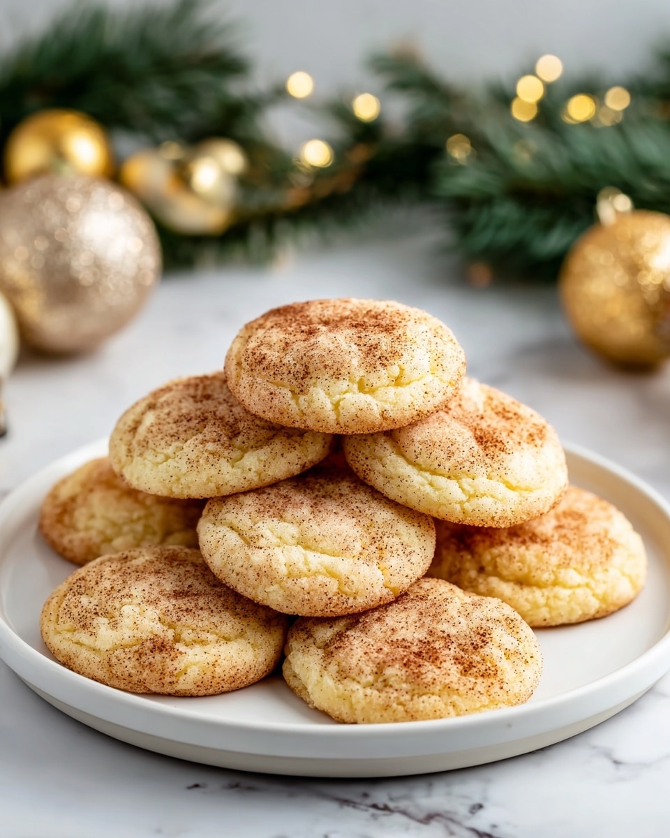 A white plate with a thin gold rim is filled with about fifteen soft, round cookies stacked in a small pile. Each cookie is light golden with a slightly cracked surface and is dusted evenly with a layer of cinnamon sugar, creating a warm brown speckled pattern on top. The cookies are bumpy and soft-looking, placed on a white marbled surface. In the softly blurred background, there are green pine branches decorated with golden ornaments and warm glowing lights, along with a dark brown pinecone to the left. photo taken with an iphone --ar 4:5 --v 7