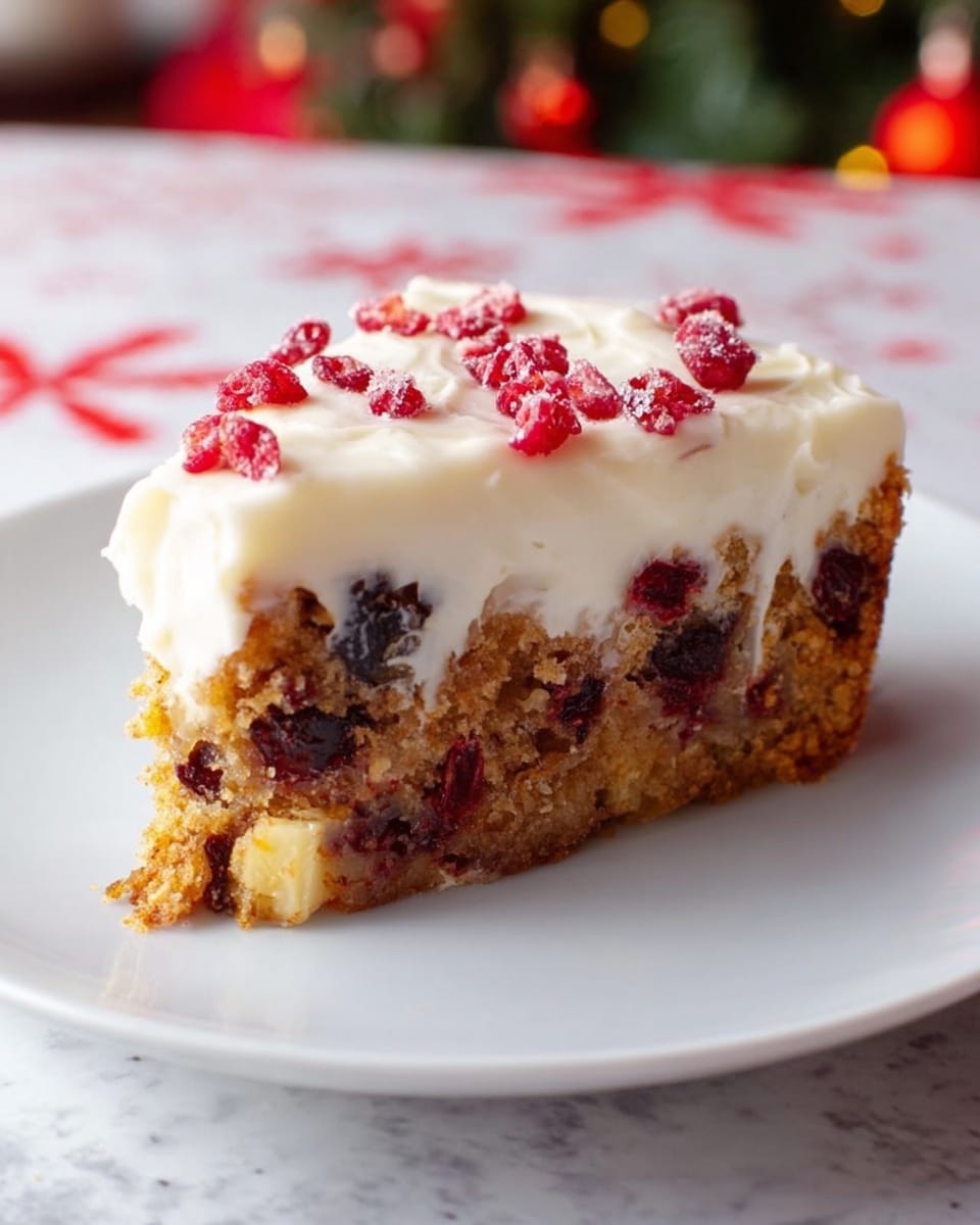 A slice of cake rests on a white plate on a white marbled surface with red and white festive patterns slightly visible around the edges. The cake has two main layers: the bottom layer is a textured light brown with visible chunks of dark red fruits inside, and the top layer is a thick, smooth white frosting lightly covered with small, scattered pieces of dried red fruit. The frosting drapes gently over the edges of the cake, showing a contrast between the soft white top and the dense, chunk-filled brown base. Photo taken with an iphone --ar 4:5 --v 7