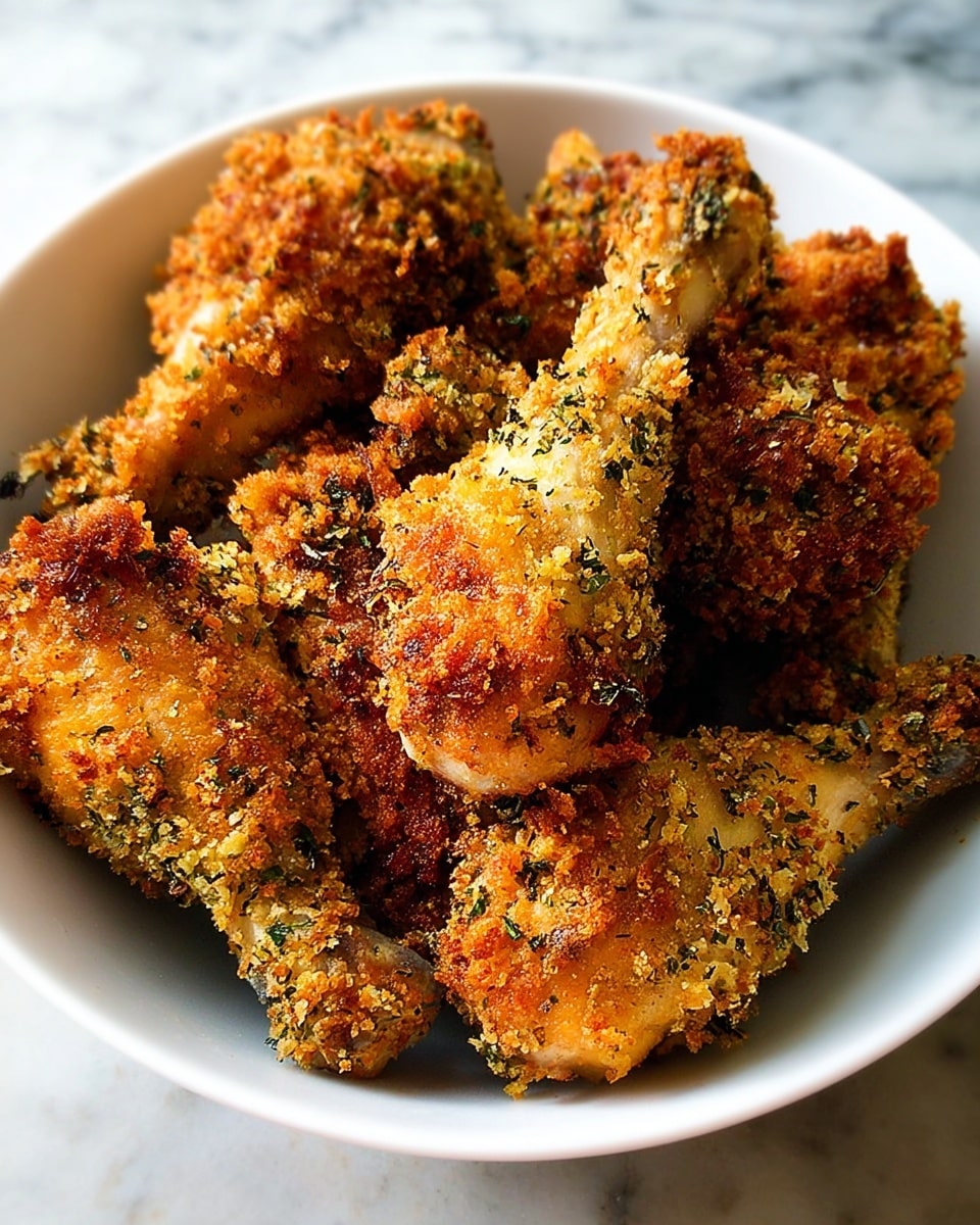 A white bowl filled with multiple golden-brown crispy fried chicken drumsticks. Each drumstick is covered with a crunchy, textured coating that looks coarse and seasoned with herbs, giving a mix of light brown, green, and golden colors. The drumsticks are stacked closely, with the thicker part showing the crunchy crust and the ends of the bones slightly exposed. The background is a white marbled surface. photo taken with an iphone --ar 4:5 --v 7
