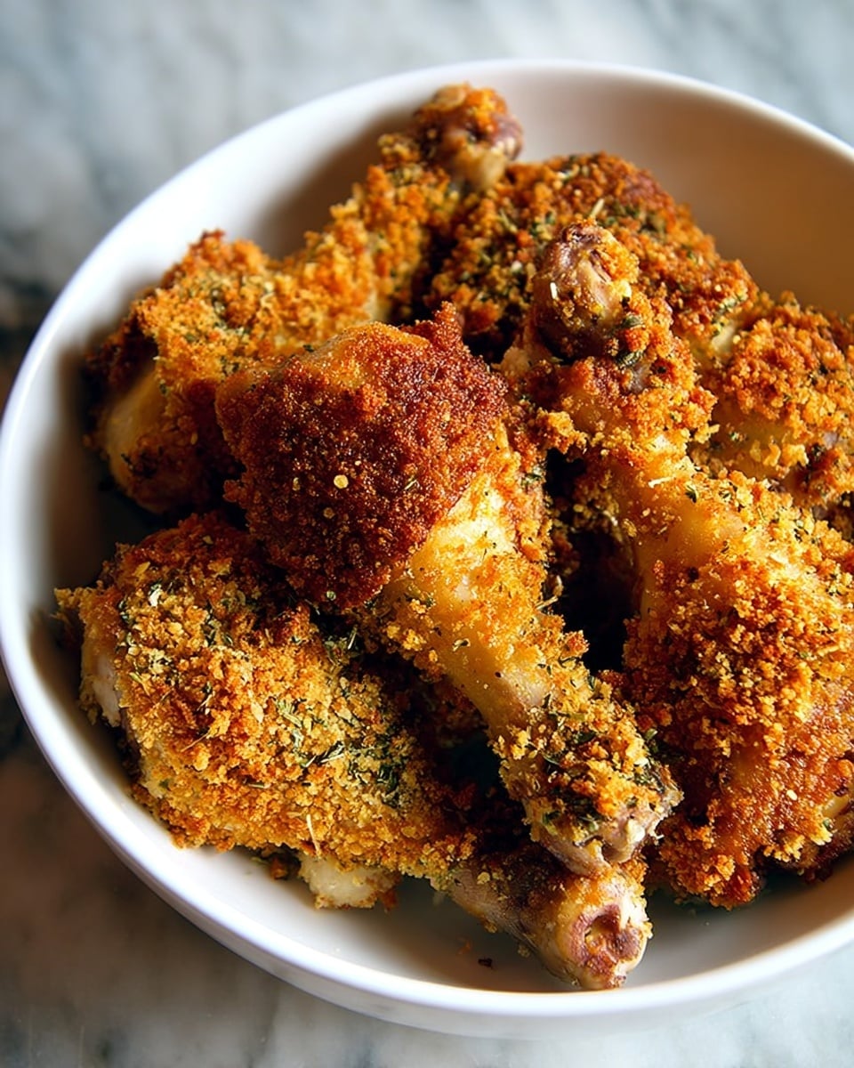 A white bowl full of crispy baked chicken drumsticks covered in a golden brown, crunchy breadcrumb coating with visible small herb pieces and spices. The chicken skin underneath can be seen slightly, with some parts looking tender. The bowl sits on a white marbled surface. photo taken with an iphone --ar 4:5 --v 7