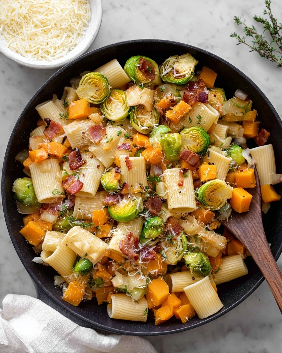 The dish is a colorful pasta mix served in a black skillet, filled with three main layers: rigatoni pasta pieces that are pale yellow and smooth, roughly cubed bright orange butternut squash, and halved Brussels sprouts showing a bright green with some browned, crispy edges. Scattered throughout are small bits of browned bacon and translucent cooked onions, with tiny green thyme leaves sprinkled on top. The wood spoon resting inside the skillet gives it a rustic feel, and in the background, there is a white bowl filled with grated cheese next to a white cloth on a white marbled surface. photo taken with an iphone --ar 4:5 --v 7