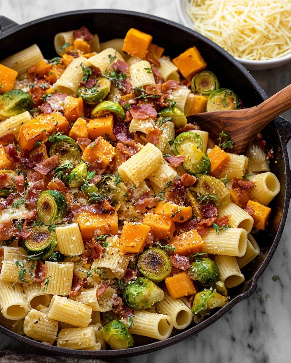 A close-up of a black cast iron pan filled with three layers: the bottom layer of pale yellow rigatoni pasta tubes, the middle layer of bright orange cubed butternut squash and green roasted Brussels sprouts halves, and the top layer of crispy brown bacon bits, light onion pieces, sprinkled grated cheese, and small green herb leaves scattered on top, with a wooden spoon stirring the mix and part of a white bowl filled with shredded cheese visible at the top on a white marbled surface photo taken with an iphone --ar 4:5 --v 7