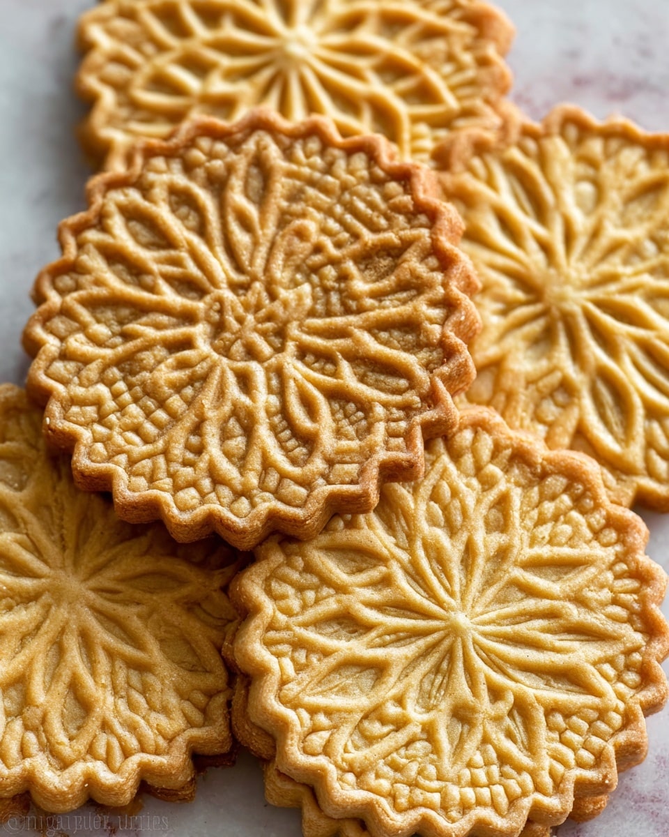 A close-up of a group of thin, round cookies with intricate patterns pressed into their golden-brown surface. Each cookie has a different detailed design, including star shapes and floral motifs, with edges scalloped like a flower petal. The cookies lie flat and slightly overlapping on a white marbled texture, showing textures that are crisp and lightly browned in places, suggesting a crunchy texture. photo taken with an iphone --ar 4:5 --v 7