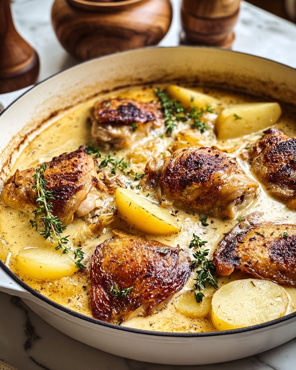 A white pan filled with creamy golden-yellow sauce as the base layer, studded with browned, crispy chicken thighs on top, each piece showing a rich, caramelized skin with a slightly crisp texture. The chicken pieces are surrounded by slices of tender yellow potatoes partially submerged in the sauce. Small green thyme sprigs are scattered over the chicken and sauce, adding a fresh, natural touch. The pan rests on a white marbled surface, with a blurry background that includes wooden bowls, enhancing the comforting, home-cooked feel. photo taken with an iphone --ar 4:5 --v 7