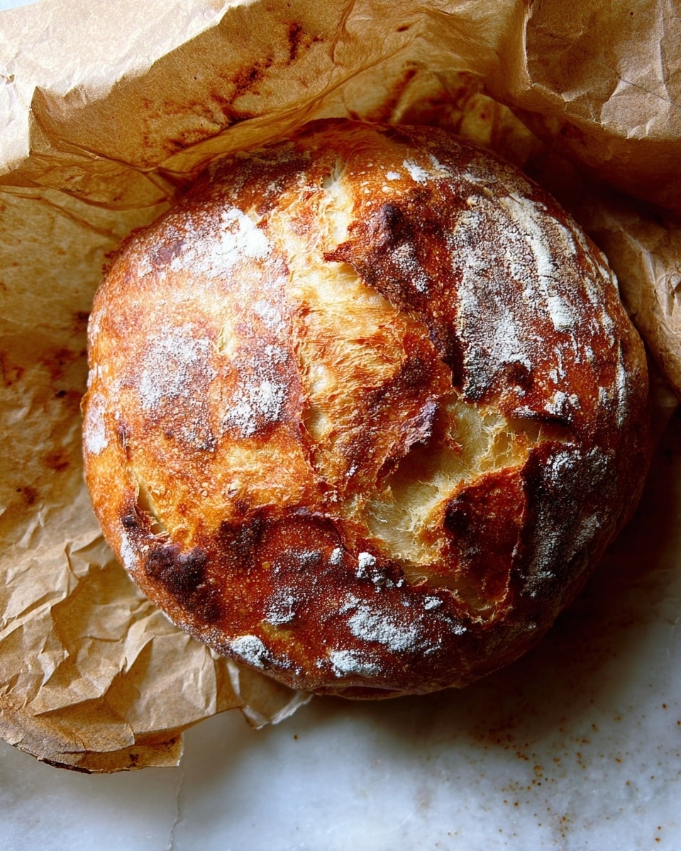 The image shows a round loaf of bread with a golden brown, crispy crust covered with light patches of white flour. The crust has a rough texture with cracks and some shiny areas indicating it is freshly baked. The bread sits on crumpled light brown parchment paper, which adds texture and contrast, placed on a white marbled surface with some dark burnt spots and stains. photo taken with an iphone --ar 4:5 --v 7