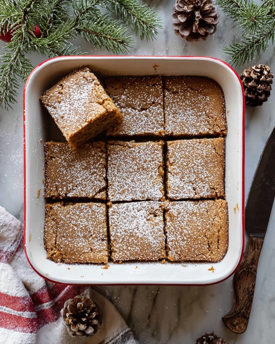 A white square baking dish with a red rim holds nine evenly cut square blondies dusted lightly with powdered sugar. One blondie piece is slightly pulled out from the top left corner, showing a dense, moist interior with a golden brown color and a slightly cracked top layer. The dish sits on a white marbled surface with a sprig of green pine and pinecones to the right, a knife with a dark wooden handle to the far right, and a white and red cloth partially visible beneath the dish on the left side. Photo taken with an iphone --ar 4:5 --v 7