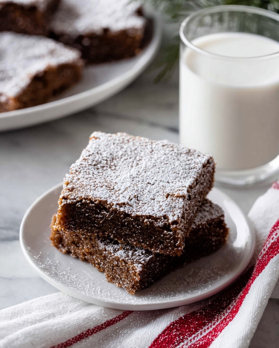 Two square pieces of brown cake sit stacked on a white plate, each piece dusted with a fine layer of white powdered sugar that softens the rough texture on top. The cake looks moist with a slightly crumbly surface. In the background, more pieces of the same cake rest on another white plate along with a clear glass of white milk. The whole scene is placed on a white marbled surface with a white cloth featuring a red stripe draped softly near the plate. Photo taken with an iphone --ar 4:5 --v 7