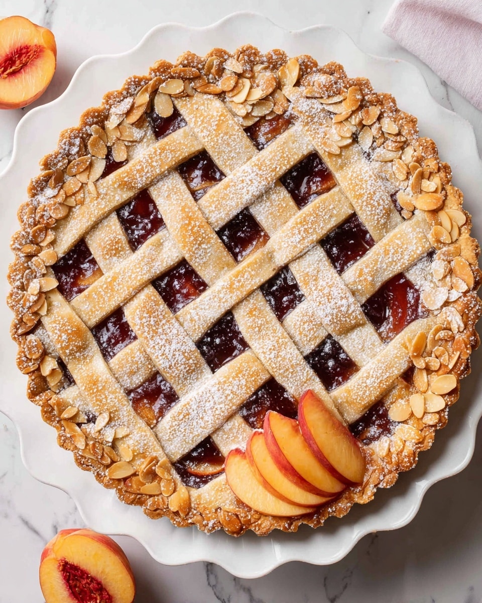 A round tart sits centered on a white scalloped plate over a white marbled surface. The tart has a golden brown crust with a pattern of toasted almond slices along the edge. Inside the crust, there is a dark, glossy fruit filling visible through a lattice top made of crisscrossed golden brown strips of dough dusted lightly with powdered sugar. Two fresh peach slices with reddish and orange skin rest on the filling near the top right side of the tart. The overall look is warm and inviting. Photo taken with an iphone --ar 4:5 --v 7