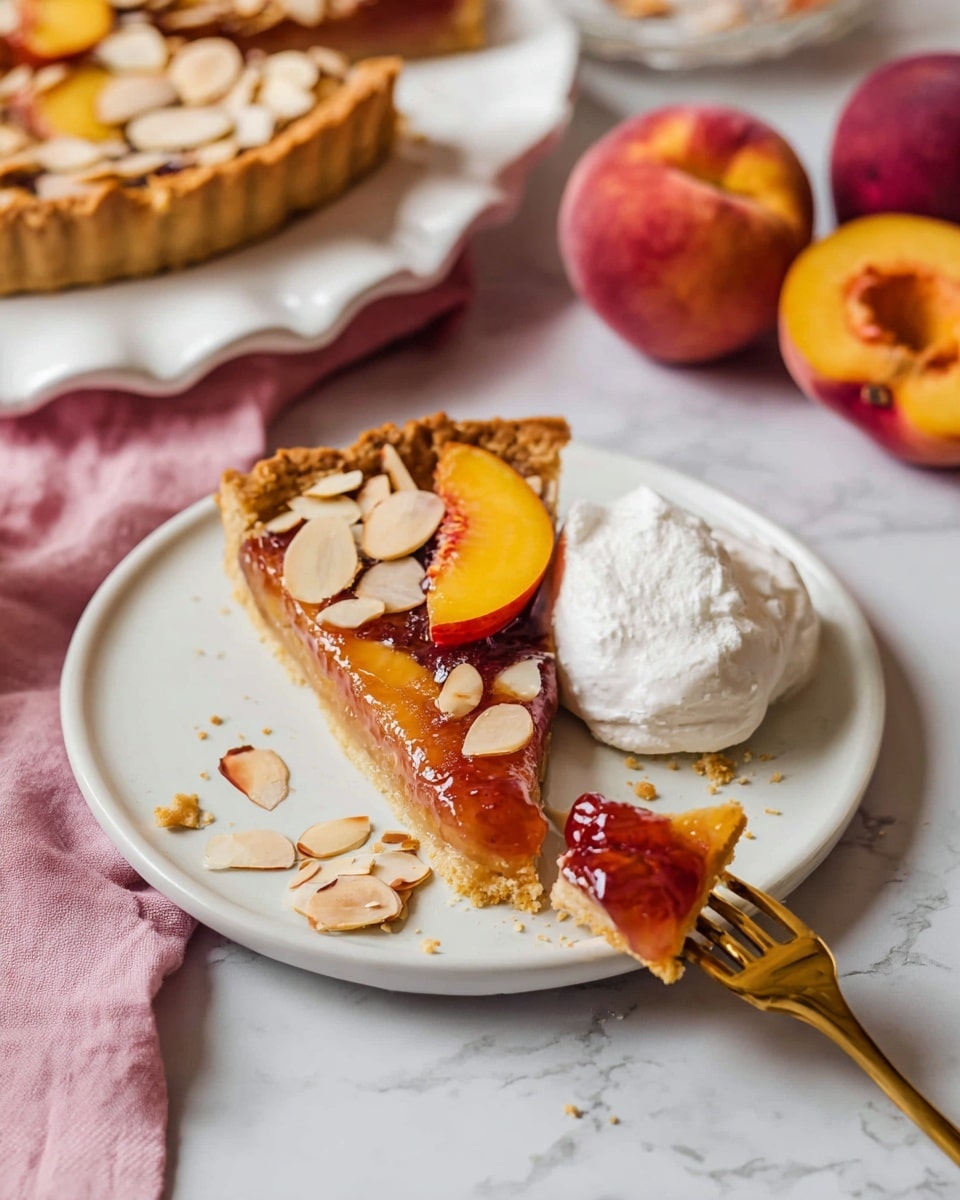 A slice of peach jam tart with golden brown crust topped with sliced toasted almonds, placed on a white plate with a dollop of white whipped cream on the right side and a fresh peach slice on top; the tart has a shiny reddish-orange jam layer and flaky crust showing scattered crumbs around it; a gold fork holds a piece of tart with jam in the bottom right corner; in the background, a white scalloped edged plate with more tart is partly visible and halved peaches are on the side, all on a white marbled surface with a pink cloth nearby photo taken with an iphone --ar 4:5 --v 7