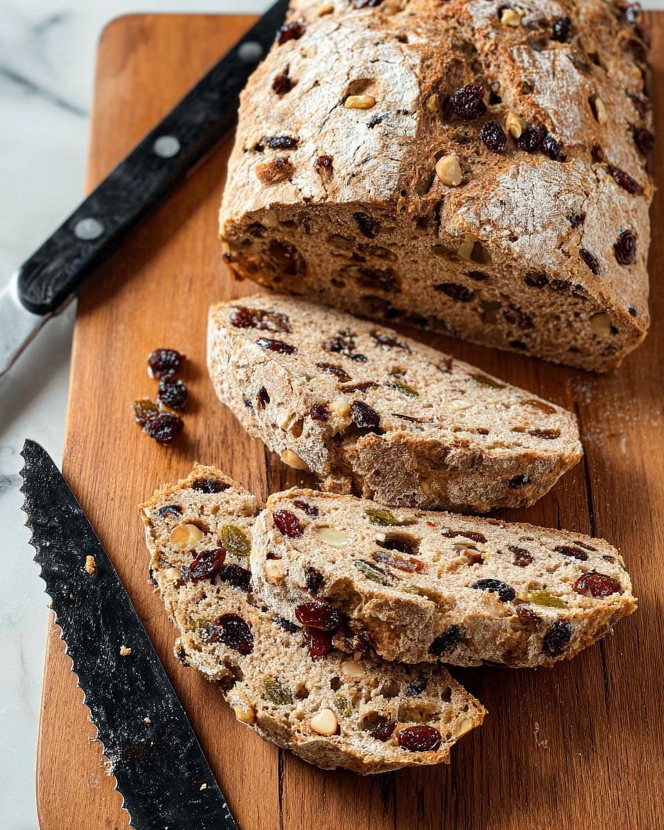 A loaf of rustic fruit and nut bread sits on a wooden cutting board with a black-handled serrated knife nearby. The bread has a rough, golden-brown crust studded with dark dried fruits and nuts. Three slices are cut from the loaf, showing a dense, light brown interior filled with evenly distributed pieces of nuts and dried fruits in shades of dark red, black, and light tan. The bread texture looks coarse and hearty, with visible cracks and flour dusted on the crust. The scene is set on a white marbled surface. photo taken with an iphone --ar 4:5 --v 7