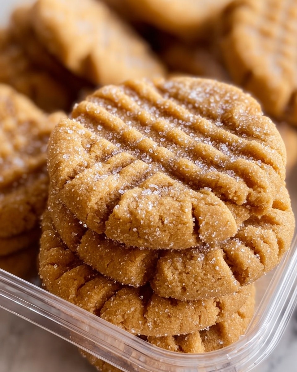 A close-up image of several peanut butter cookies stacked in a clear plastic container. The cookies have a golden brown color with a rough texture and are topped with visible sugar crystals that sparkle in the light. Each cookie has a pattern of parallel fork marks across the top surface, adding a striped texture. The cookies are layered unevenly, some lying flat while others lean slightly, showing their round shape and slightly scalloped edges. The background is softly blurred but shows more cookies out of focus. The surface beneath the container is a white marbled texture. photo taken with an iphone --ar 4:5 --v 7
