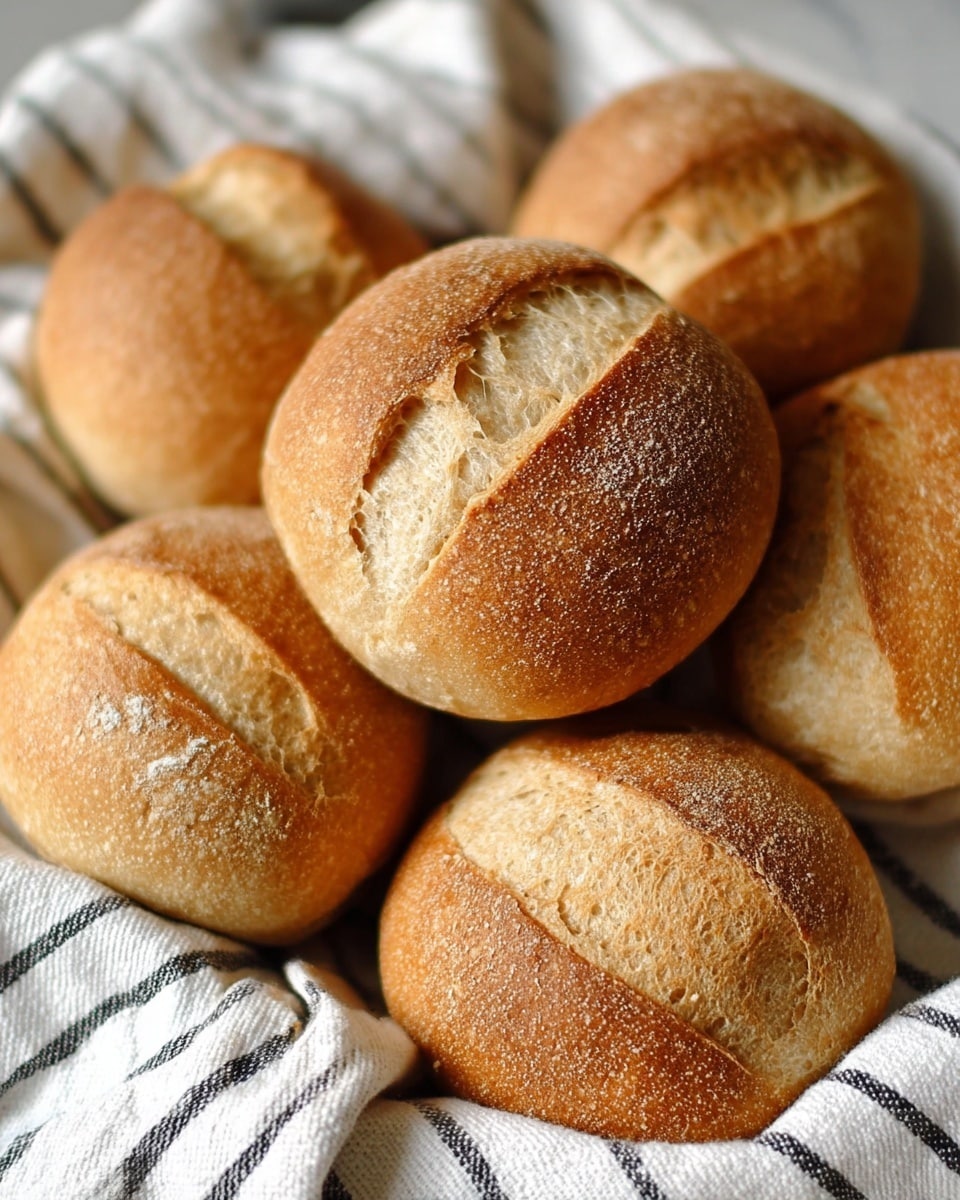 A close-up view of seven small round bread rolls placed on a white and black striped cloth, showing a soft golden-brown crust with a single deep cut on top revealing the lighter, fluffy inside texture. The rolls have a slightly rough surface with fine flour dusting and a warm, baked color that varies from light tan to darker brown. The arrangement is casual, with some rolls touching and others slightly separated, all resting on a white marbled texture. photo taken with an iphone --ar 4:5 --v 7