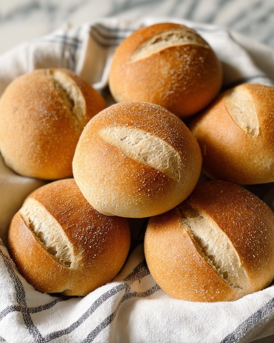 A group of seven golden brown bread rolls with a smooth texture and a single deep cut on top are placed together on a white and gray striped cloth, which rests on a white marbled surface. The bread rolls have a slightly rounded shape with a soft crust and a light dusting of flour, showing a fluffy interior along the cuts. The cloth adds a cozy touch to the presentation, highlighting the warm and fresh look of the rolls. photo taken with an iphone --ar 4:5 --v 7