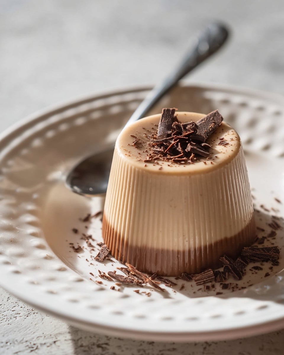 A smooth, light brown creamy dessert shaped like a short cup with fine vertical ridges on its side sits inverted on a white plate with a raised decorative edge, casting soft shadows. The dessert has two distinct layers: a thinner, darker chocolate brown base and a thicker light brown top layer. Scattered on the top surface and around the plate are delicate dark chocolate shavings, adding texture and contrast. A silver spoon rests on the plate behind the dessert on a white marbled texture surface in soft natural light. photo taken with an iphone --ar 4:5 --v 7
