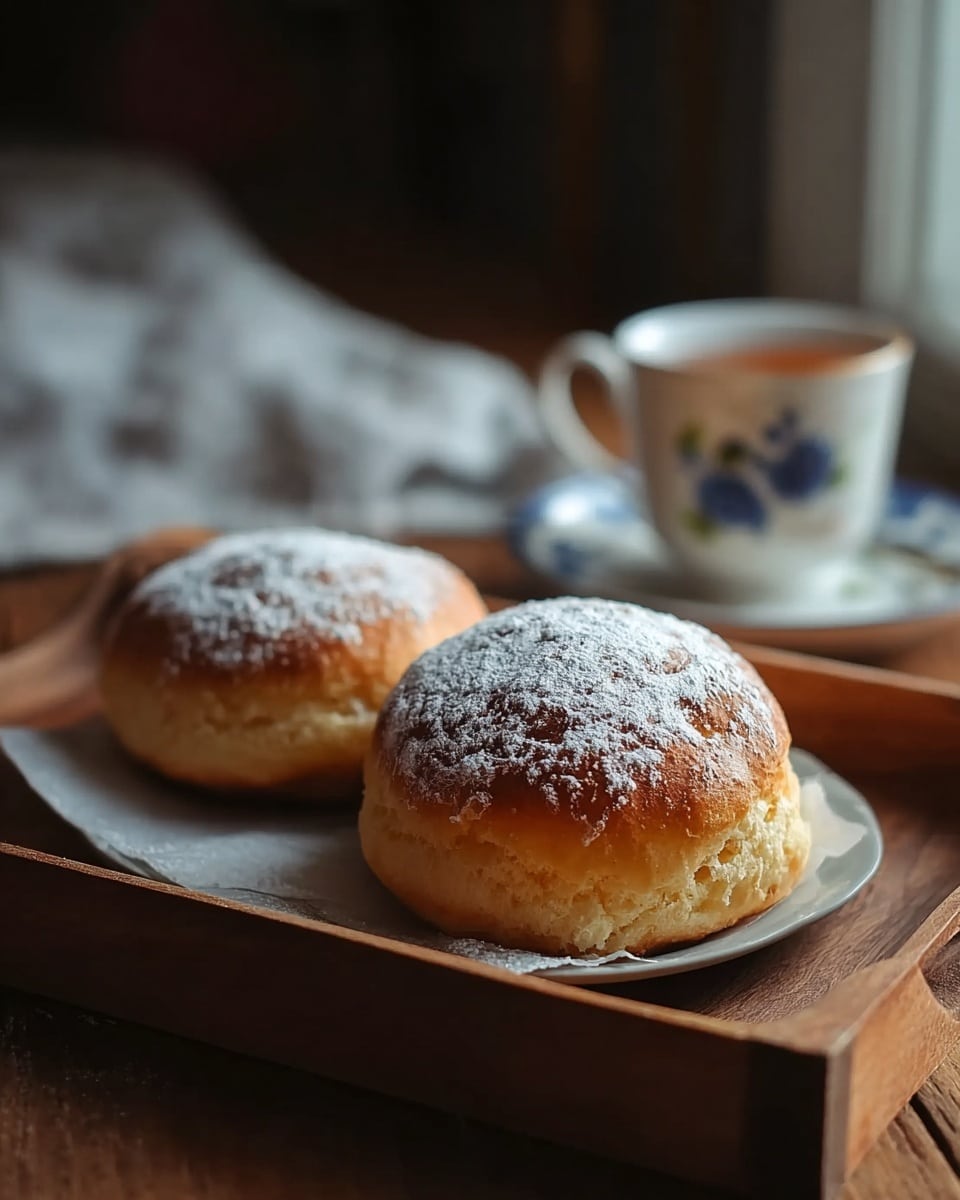 The image shows two golden-brown round buns with a soft, slightly cracked texture on top, dusted with powdered sugar. They sit side by side on a small, flat white plate which is placed on a wooden tray. In the background, a white cup with tea and a matching saucer with a blue design are also on the wooden tray. The scene is warm with soft natural light coming from the left side, highlighting the fluffy texture of the buns. The background is softly blurred with a dark, cozy feeling. photo taken with an iphone --ar 4:5 --v 7