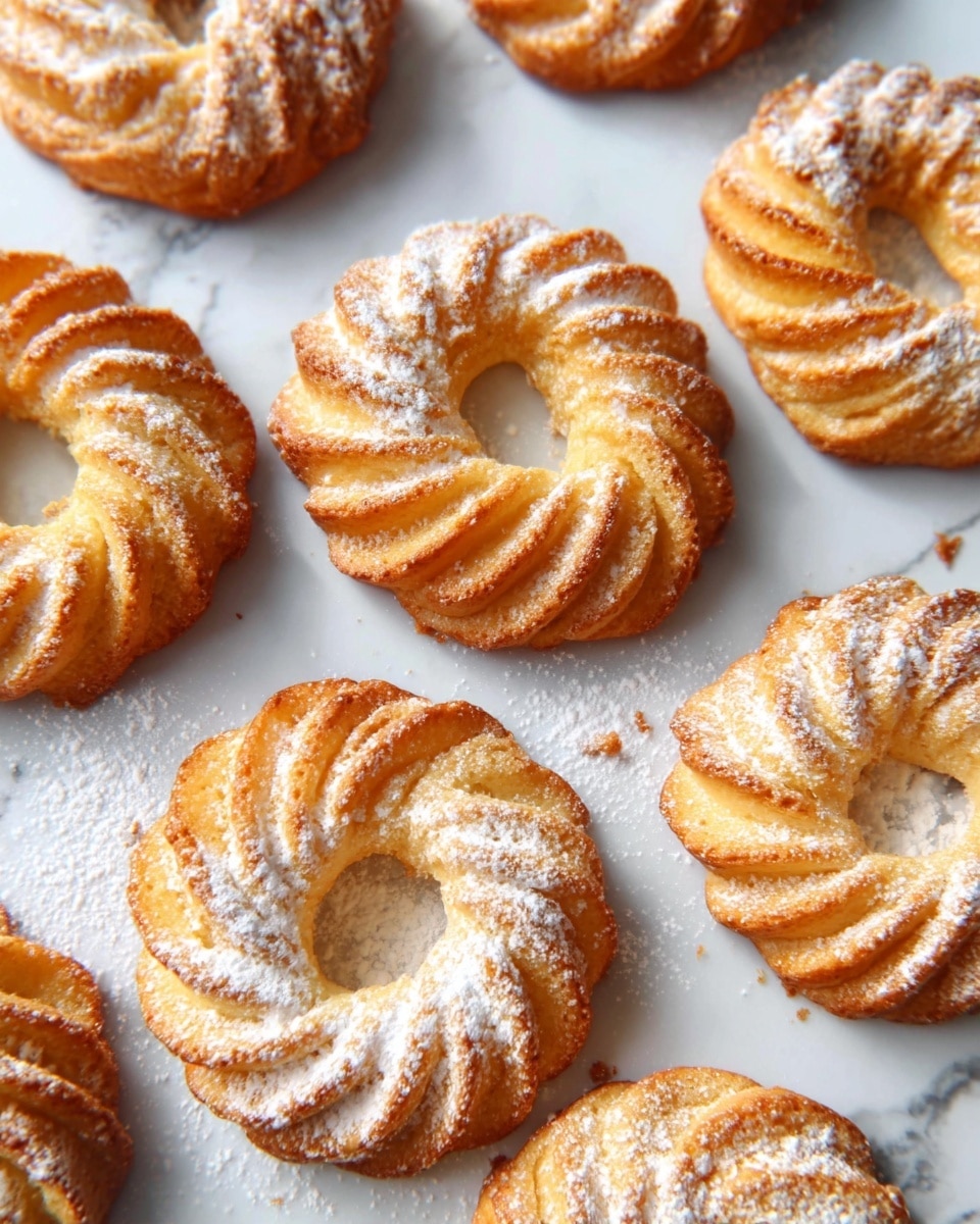 Several golden-brown ring-shaped pastries with a twisted, ridged texture are spread on a white marbled surface. Each pastry has two visible layers forming the ring, with the top layer ridged and slightly raised, showing a crispy texture. They are dusted unevenly with a light layer of powdered sugar, adding white specks over the warm tones of the baked dough. The pastries are arranged casually, some close to each other, but not overlapping. photo taken with an iphone --ar 4:5 --v 7