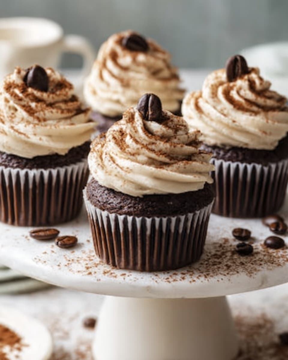The image shows four chocolate cupcakes on a white ceramic cake stand. Each cupcake has a dark brown base with a ridged texture from the paper cup. On top, there is a tall swirl of light cream-colored frosting with a smooth, creamy texture, sprinkled with cocoa powder. A single dark brown coffee bean sits on the peak of each frosting swirl. Around the base of the cupcakes, there are a few scattered coffee beans and some cocoa powder dusted on the white marbled surface under the cake stand. The photo taken with an iphone --ar 4:5 --v 7