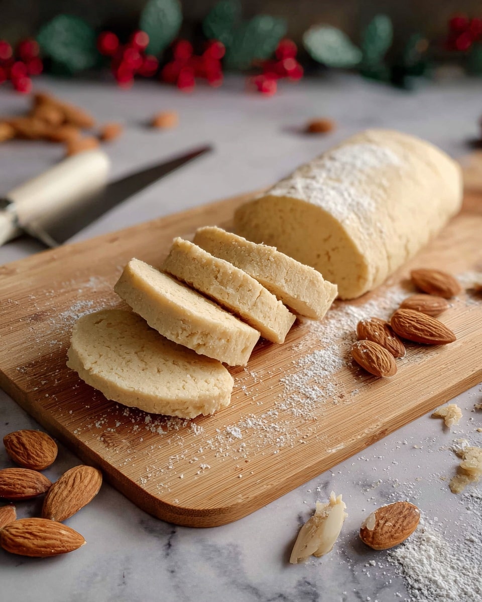 A light beige log-shaped dough is partly sliced into five thick round pieces on a light wooden cutting board. The dough texture looks smooth and slightly crumbly. Around the dough and board are scattered whole almonds and dustings of white powdered sugar. In the background, there are blurred red and green decorative elements on a white marbled surface. A knife with a white handle lies to the side. photo taken with an iphone --ar 4:5 --v 7