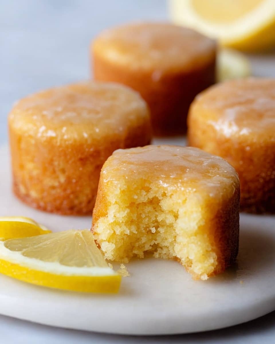 The image shows four small round lemon cakes arranged on a white plate with a white marbled background. Each cake has a light golden-brown, slightly shiny outer layer with a sugary glaze. The bottom layer is a moist pale yellow cake with a soft crumb texture visible in the cake at the front, which has a bite taken out of it. Two lemon wedges, bright yellow with a glossy texture, are placed near the cakes, adding a fresh touch to the scene. The overall look is simple and fresh, focused on the texture and color contrast between the glaze and soft cake inside. photo taken with an iphone --ar 4:5 --v 7