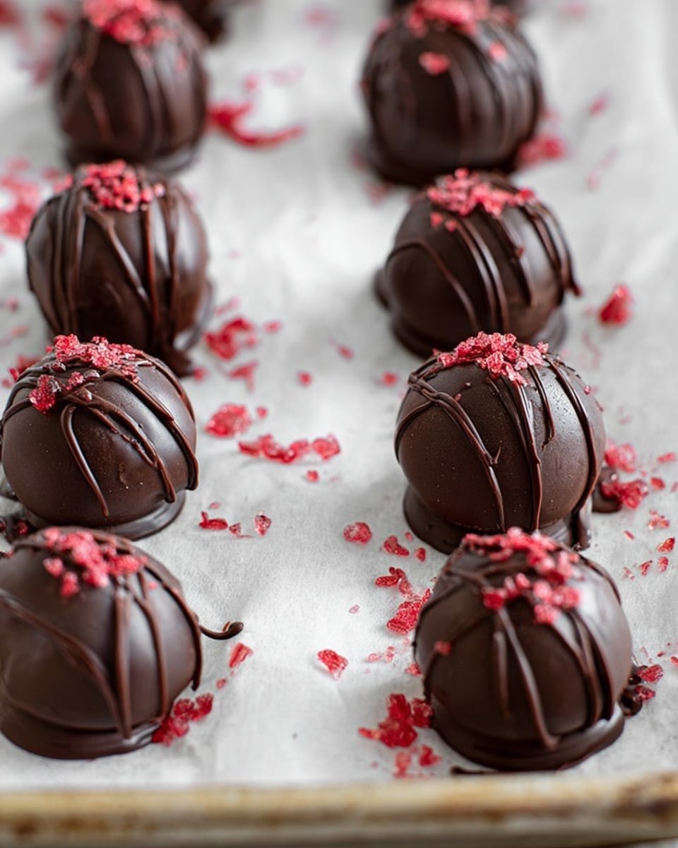 The image shows two rows of round chocolate truffles placed on white parchment paper on a baking tray. Each truffle is smooth and covered with a shiny dark chocolate layer, with thin dark chocolate drizzle lines on top. Small bright red sprinkles are scattered stylishly over the truffles and the parchment paper, adding a pop of color. The background is a white marbled texture that gives a clean, bright look. photo taken with an iphone --ar 4:5 --v 7