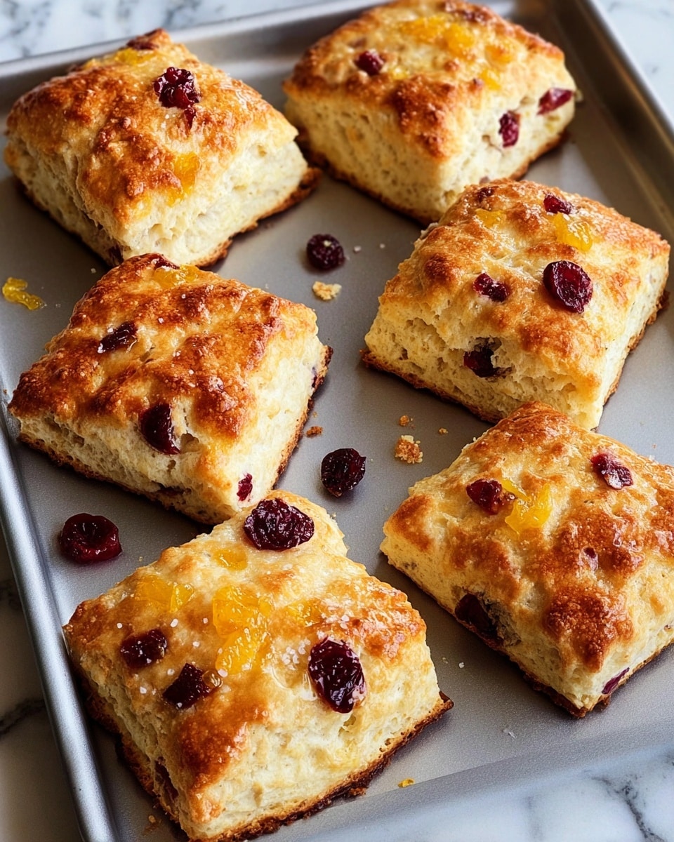 The image shows six golden-brown scones on a baking tray, each with a slightly crumbly texture and a square shape with rounded edges. The scones have visible red dried cranberries and small patches of orange zest or peel embedded on their tops and sides. The surface of the scones is lightly cracked and has a shiny glaze, with a rough, crispy edge and a soft, fluffy inside visible on one scone cut in half. The tray is placed on a white marbled surface, and loose crumbs are scattered around the scones. Photo taken with an iphone --ar 4:5 --v 7