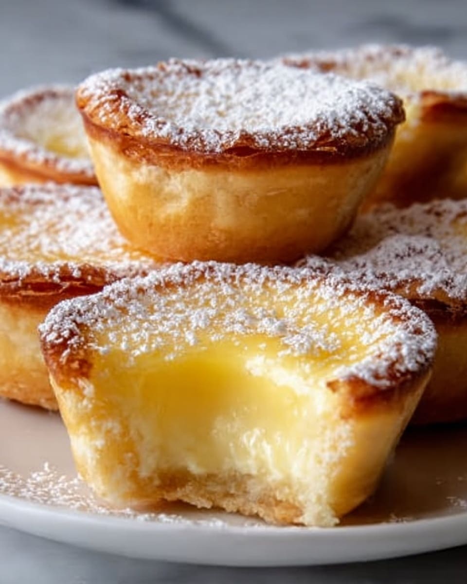 A close-up of six creamy custard tartlets on a white plate, each tartlet showing a golden-brown, slightly crispy top dusted with powdered sugar. One tartlet in the front is cut open, revealing a smooth, pale yellow custard filling inside a light, flaky crust. The tartlets are arranged closely together, sitting on a white marbled textured surface. The photo taken with an iphone --ar 4:5 --v 7
