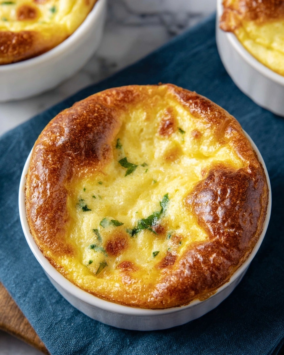 A close-up view of a single round baked dish in a white ceramic ramekin, featuring a golden brown crust that is slightly puffed and textured with air bubbles. The top crust has a shiny, smooth, browned surface with small darker spots, and parts of the underlying layers peek through, showing a soft, creamy yellow layer with green herb flecks scattered inside. The ramekin sits on a dark blue cloth on a white marbled surface, with another similar ramekin partially visible nearby. photo taken with an iphone --ar 4:5 --v 7