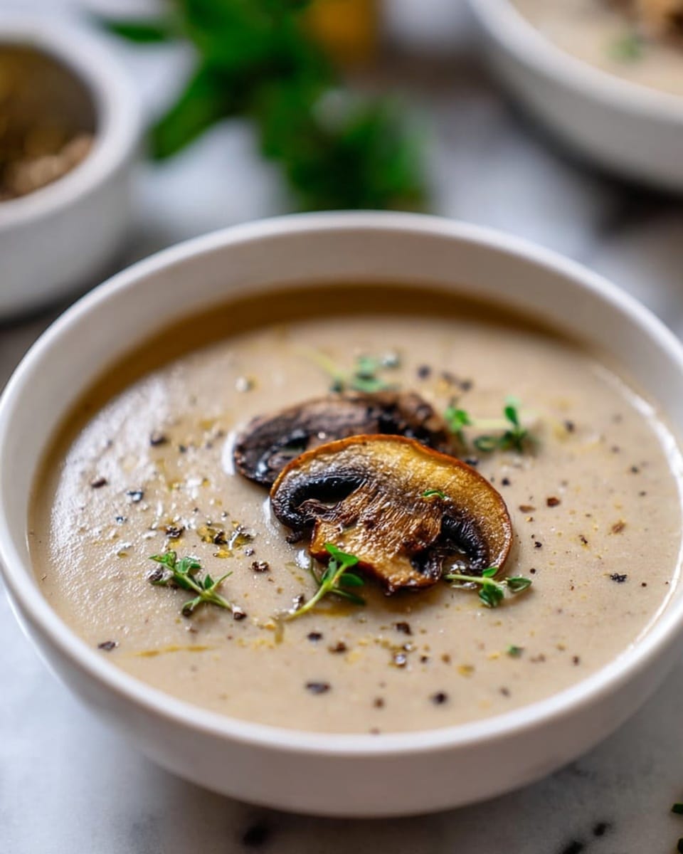 A white bowl filled with creamy light beige mushroom soup with a smooth texture, topped in the center by three lightly browned sautéed mushroom slices layered on each other, garnished with small green herb leaves, and sprinkled with black pepper flakes scattered across the soup's surface. The bowl sits on a white marbled surface with out-of-focus green leaves and small white bowls blurred in the background. Photo taken with an iphone --ar 4:5 --v 7