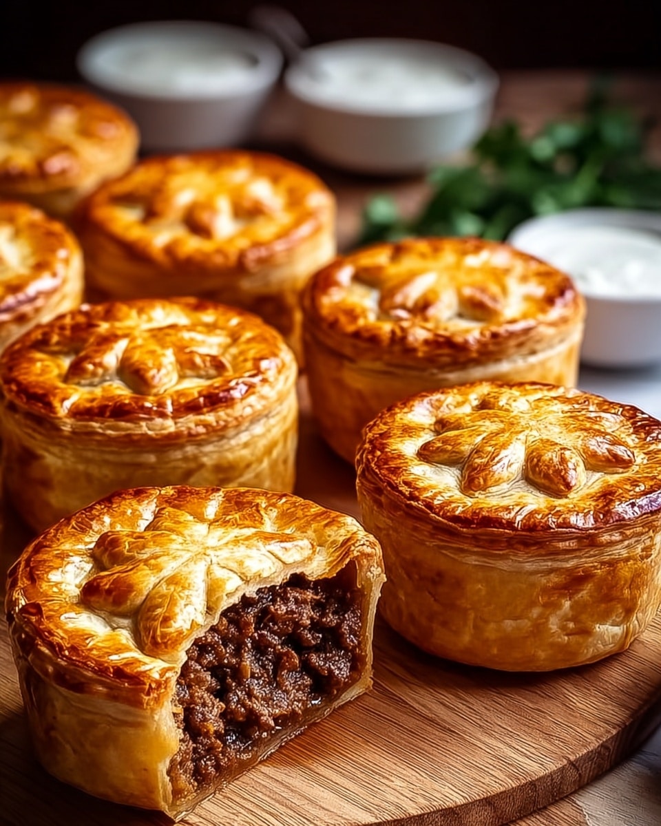 The image shows seven small round meat pies with golden brown, flaky crusts that have a shiny, slightly glossy finish. Each pie has a thick top layer with a crimped edge, and the crust has a textured pattern on top that looks like a decorative star shape. One pie is cut open in the front right, revealing dark brown, juicy minced meat inside with a rich, moist texture. The pies are placed close together on a wooden board with a smooth, warm tone, and there is some green garnish blurred in the background along with white bowls containing sauces. The surface beneath the board is changed to a white marbled texture. photo taken with an iphone --ar 4:5 --v 7