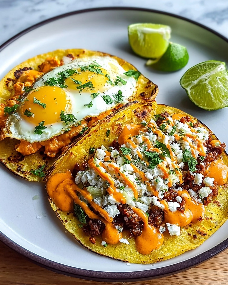 Two tacos sit side by side on a white plate with a dark rim, placed on a white marbled surface. The taco on the left has a slightly charred yellow corn tortilla base, layered with orange sauce, golden cooked eggs with bright yellow yolks, topped with white sour cream and sprinkled with fresh green chopped herbs. The taco on the right features a similar tortilla filled with crumbly white cheese, browned ground meat, and drizzled with the same orange sauce, garnished with small green herb pieces. Two lime halves, one whole and one cut, are placed near the top of the plate. Photo taken with an iphone --ar 4:5 --v 7