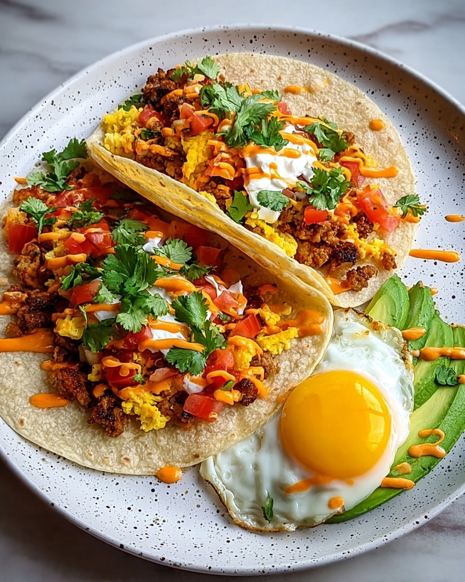 The image shows two soft corn tortillas on a white speckled plate placed on a white marbled surface. One tortilla is folded, filled with diced red tomatoes, cooked sausage, and yellow scrambled eggs, topped with fresh green cilantro and a bright orange sauce drizzled across. The other tortilla is flat with a similar filling — scrambled eggs, diced tomatoes, onion pieces, sausage bits, dollops of white sour cream, and fresh cilantro scattered on top alongside more orange sauce. To the right of the tortillas, there is a fried egg with a bright yellow yolk resting on a sliced green avocado base, also drizzled with the same orange sauce. The dish has a colorful and fresh look. photo taken with an iphone --ar 4:5 --v 7