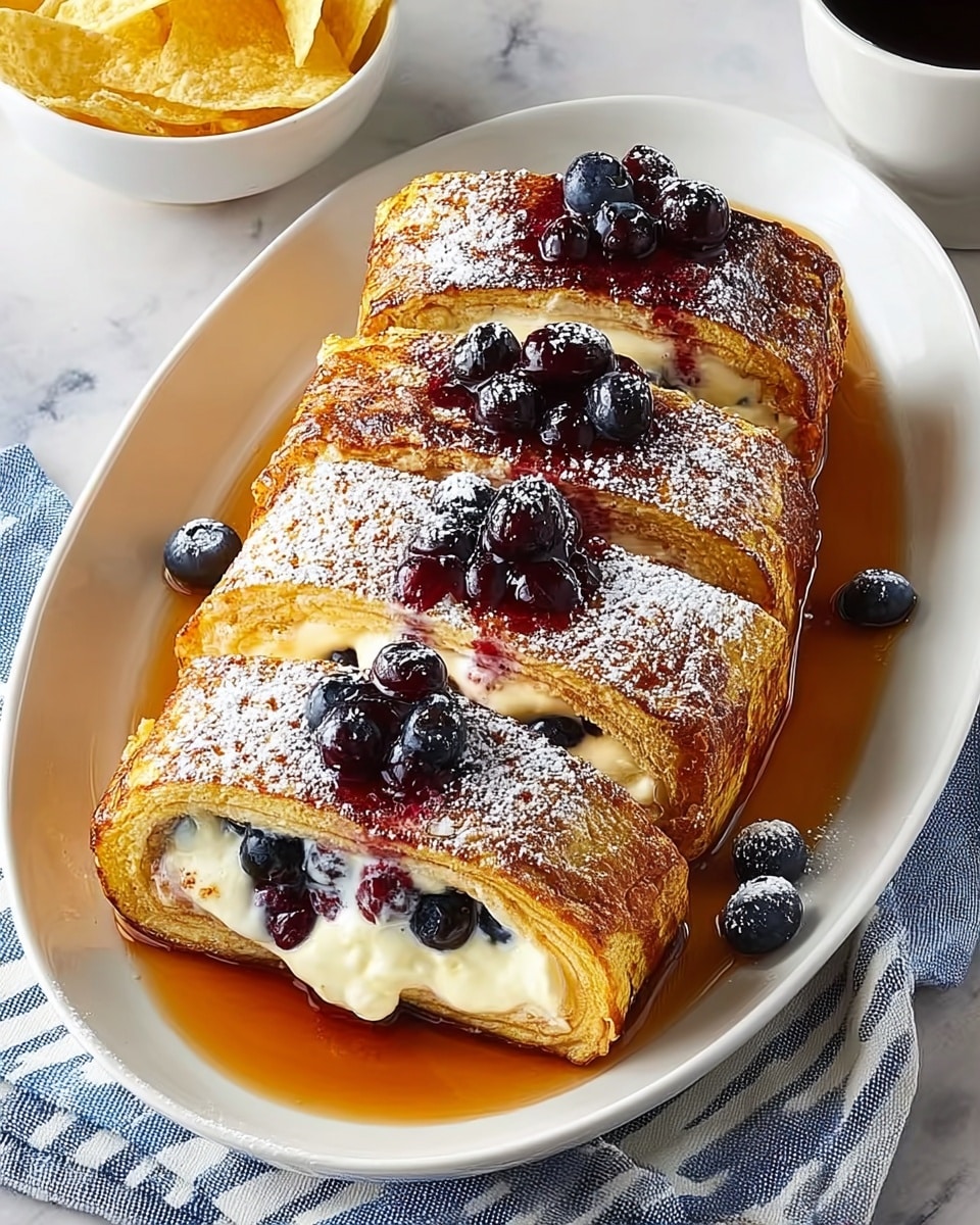 The dish shows three thick slices of golden-brown French toast rolled and filled with creamy white cheese and fresh blueberries, creating a smooth and soft texture inside. Each slice is dusted with white powdered sugar and topped with dark red cherry sauce and whole blueberries. The French toast sits in a pool of amber-colored syrup on a white oval plate. The background is a white marbled texture with a blue-striped cloth visible and part of a white bowl with yellow chips, along with a cup filled with dark coffee at the top right. photo taken with an iphone --ar 4:5 --v 7
