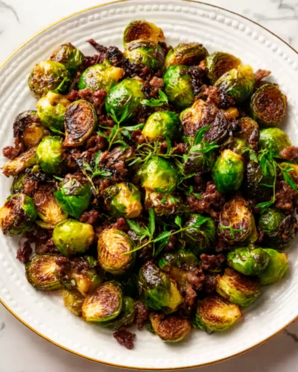 A white round plate filled with crispy roasted Brussels sprouts and small browned pieces of meat, mixed together with sprigs of fresh green herbs scattered on top. The Brussels sprouts are halved, showing their golden-brown toasted layers inside while the outer leaves are dark and slightly charred. The plate sits on a white marbled surface. photo taken with an iphone --ar 4:5 --v 7