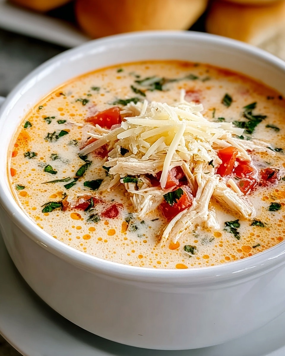 A white bowl filled with creamy soup showing a light orange top layer with small oil droplets. On top is a layer of shredded white chicken pieces mixed with small, bright red tomato chunks. There are green herbs sprinkled evenly across the soup and chicken, and a thin layer of grated pale yellow cheese covers the center. The bowl sits on a white plate with a white marbled surface beneath and blurred bread rolls in the background. photo taken with an iphone --ar 4:5 --v 7