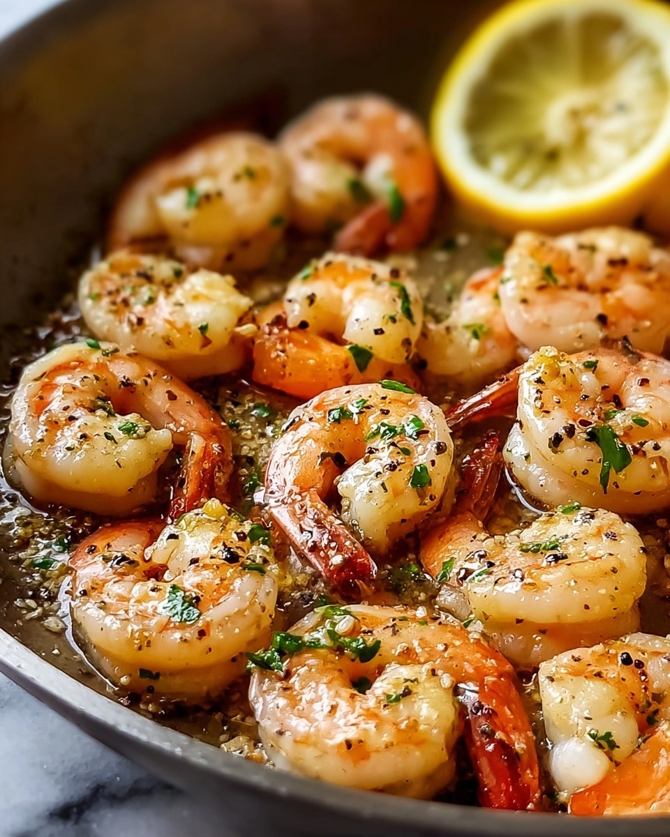 A close-up view of cooked shrimp in a pan with a single layer, showing a mix of pink and white colors with a shiny, slightly oily texture. The shrimp are sprinkled with small green herb pieces and black pepper flakes. In the background, a sliced lemon is placed, adding a bright yellow accent. The surface under the pan is a white marbled texture. photo taken with an iphone --ar 4:5 --v 7
